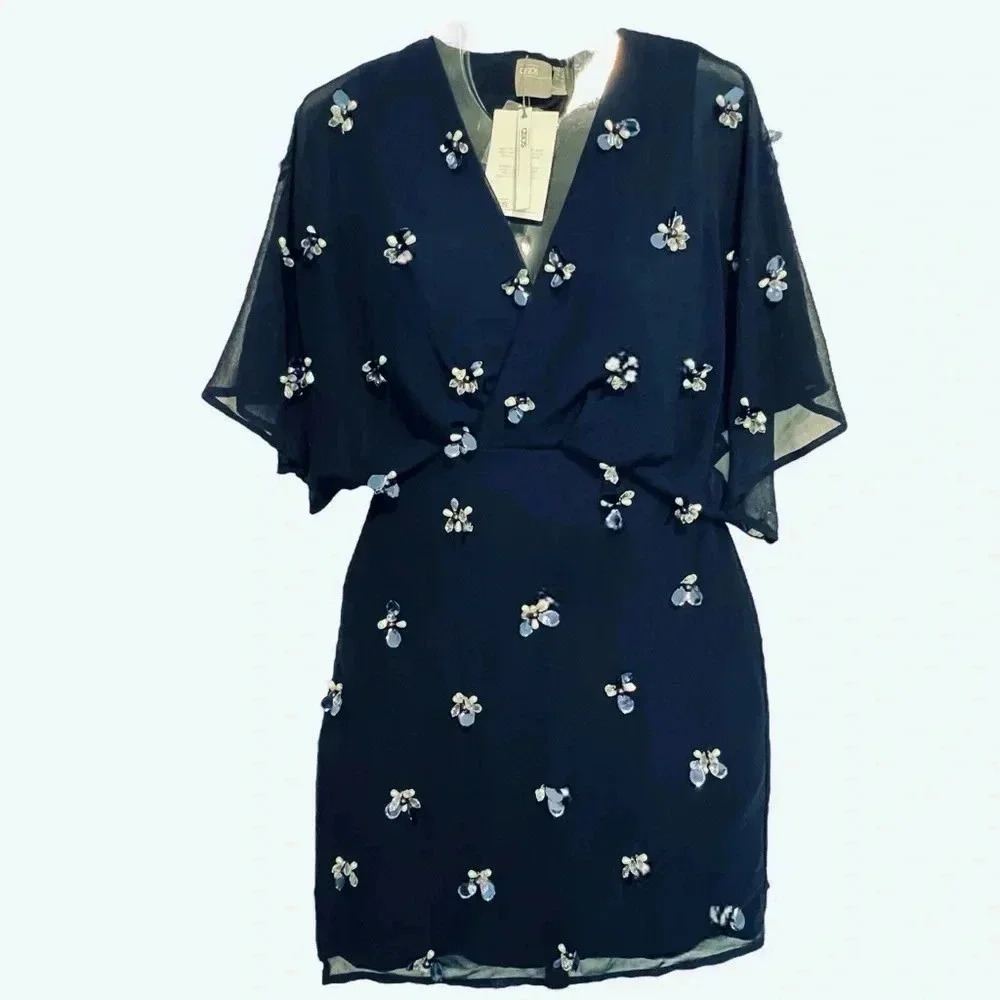 ASOS Design Blue Embellished Beaded Wrap Cocktail Dress Size 8 ‎ Bowtie B…